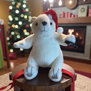 Christmas Coca-Cola Seated Polar Bear Plush 6" & Santa Hat Beverly Hills